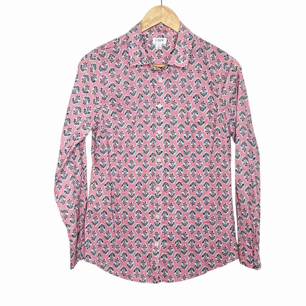 J Crew Boho Floral Button Up Shirt Pink Womens Small Preppy Career Office Work